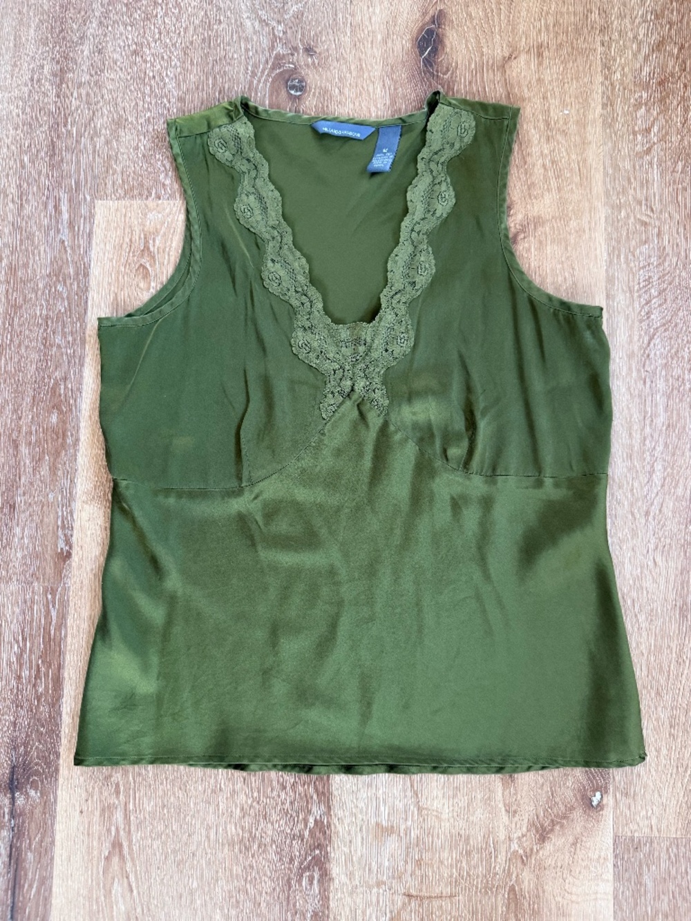 Y2K Olive Green 100% Silk Lace Trim Blouse | Quiet Luxury Boho Chic
